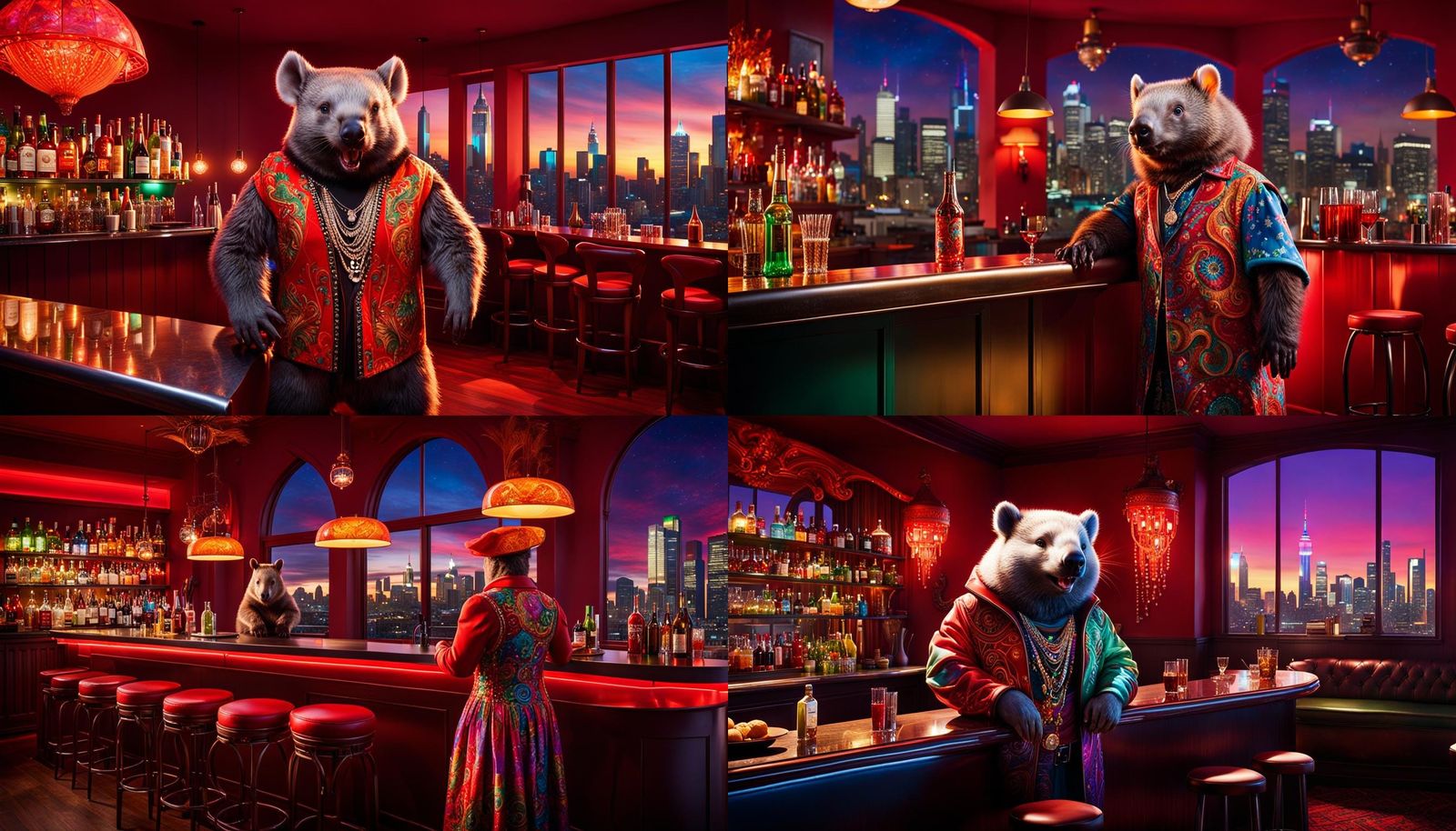 A Barenosed Wombat Barmaid wearing a long colourful psychede...