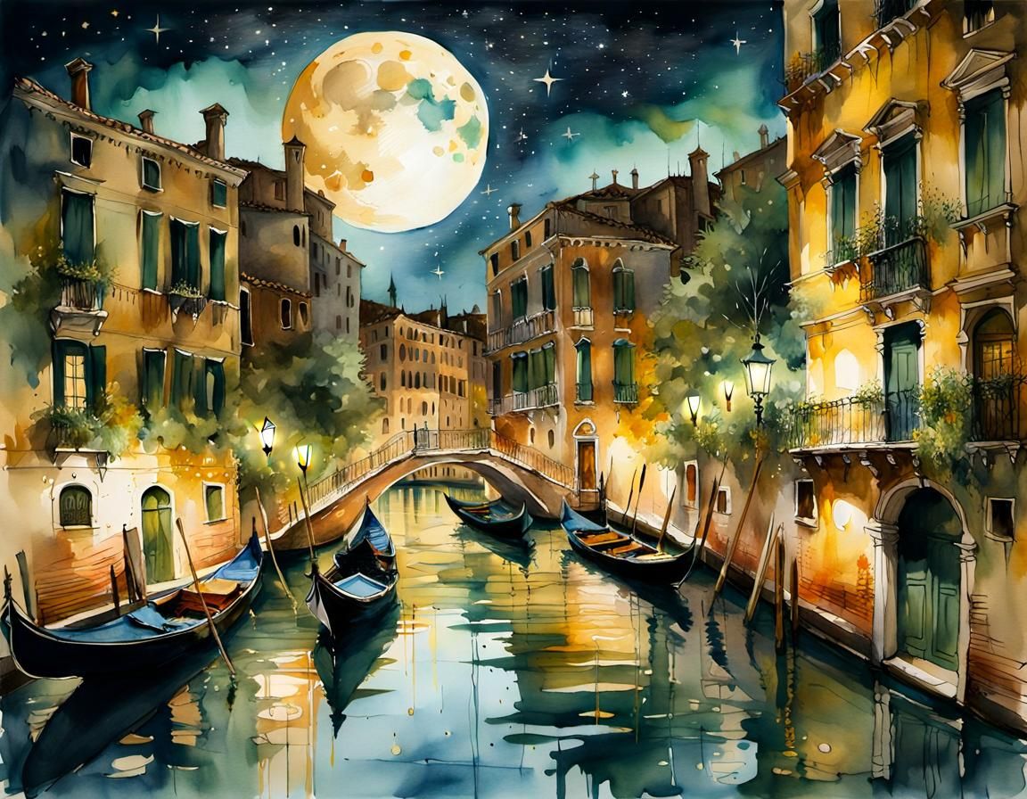 Venetian Night Scene in Watercolor Style