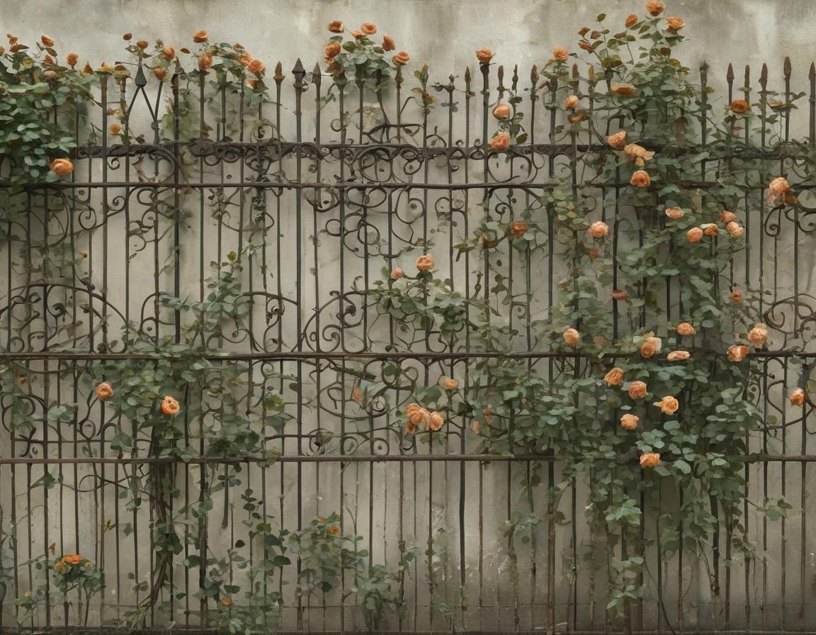 Ornate Rusty Fence with Climbing Rose