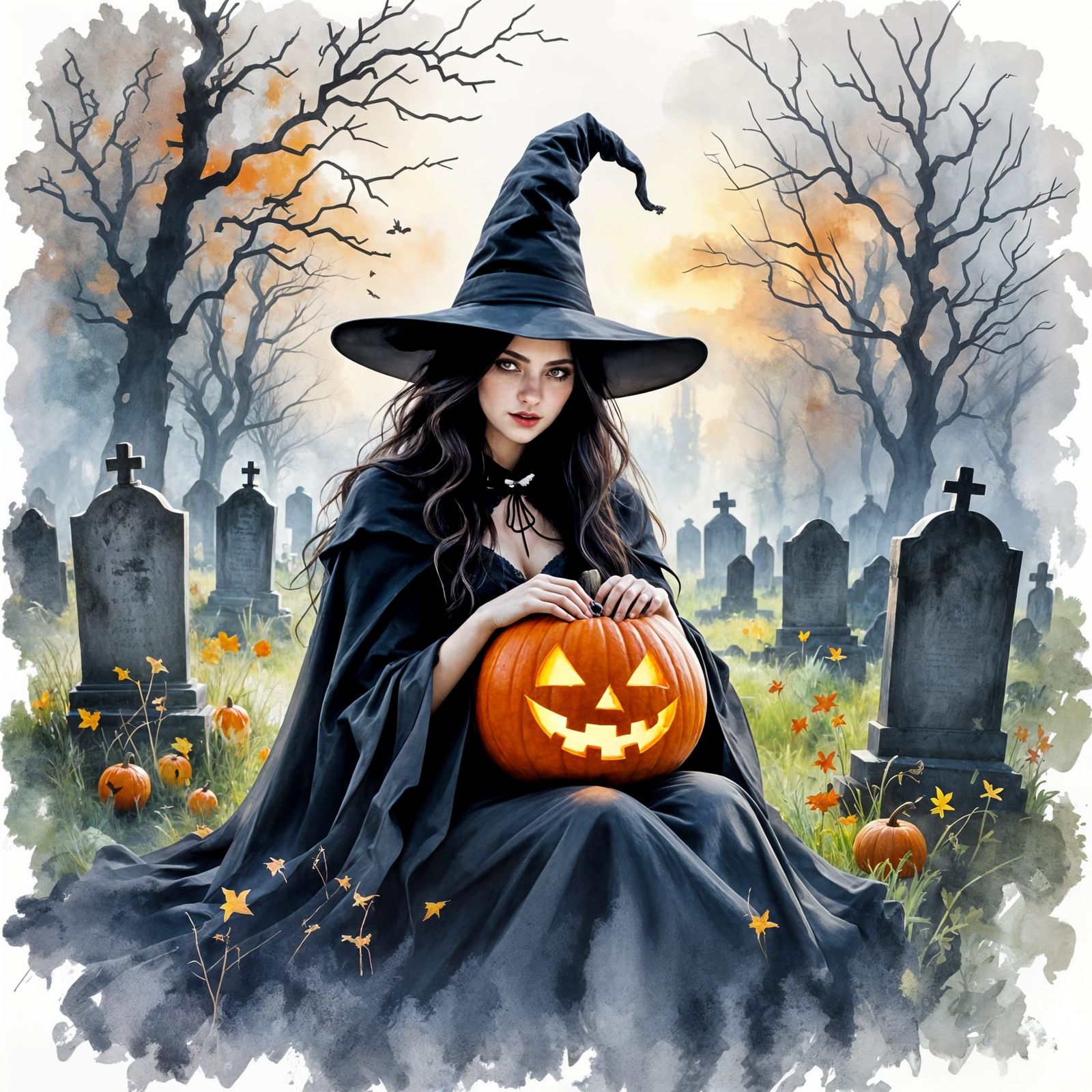 Mystical Witch in Graveyard Holding Pumpkin