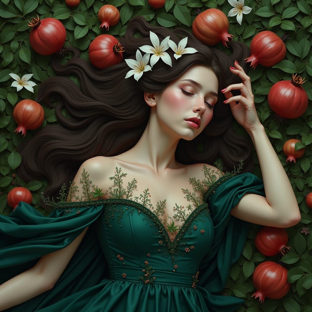 Mystical Woman Asleep in Forest with Pomegranates