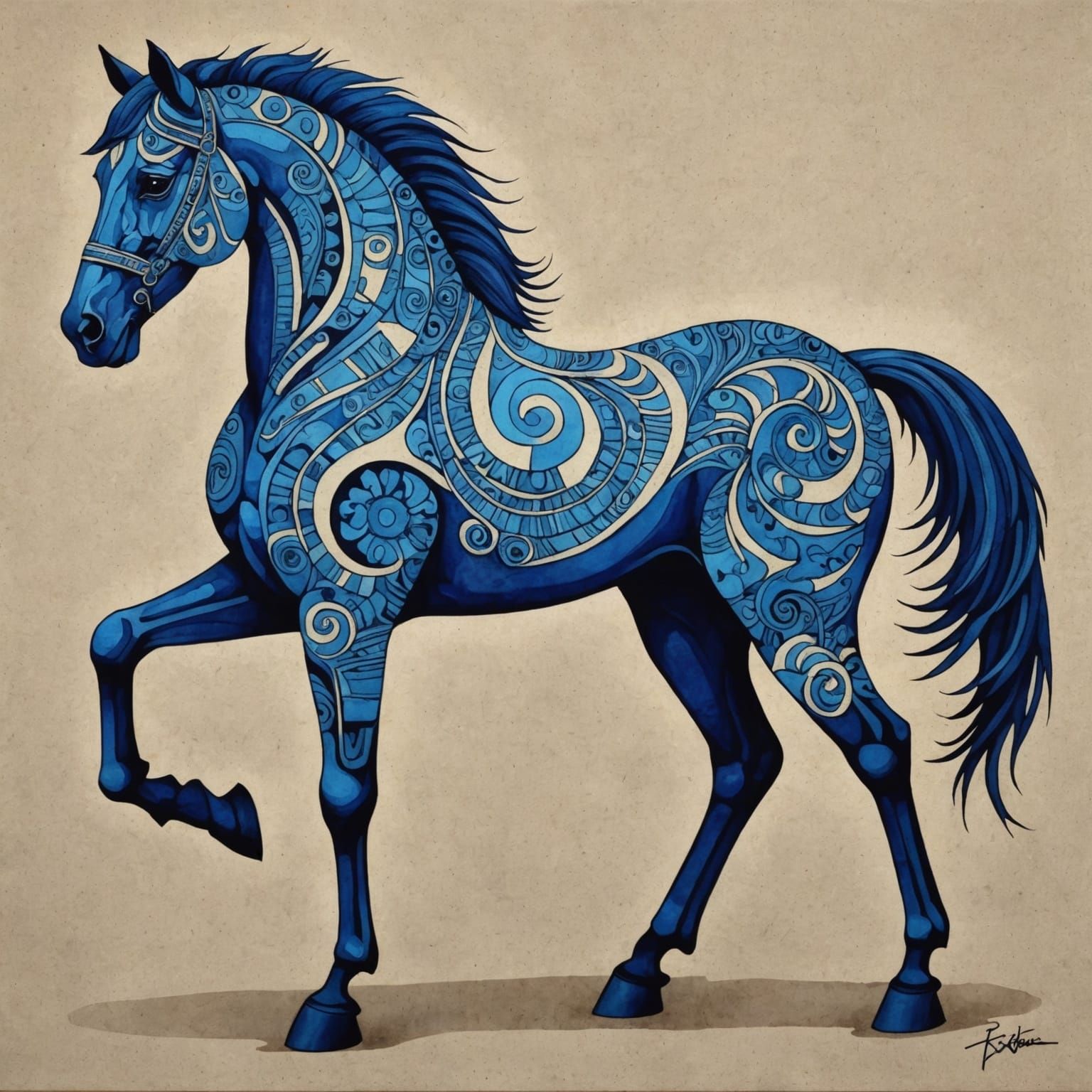 Striking Blue Horse in Street Art Style