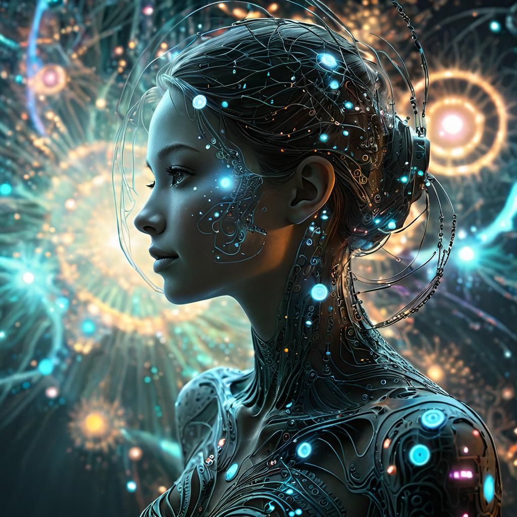 Woman Receives a Message in Dreamlike Cybernetic Style