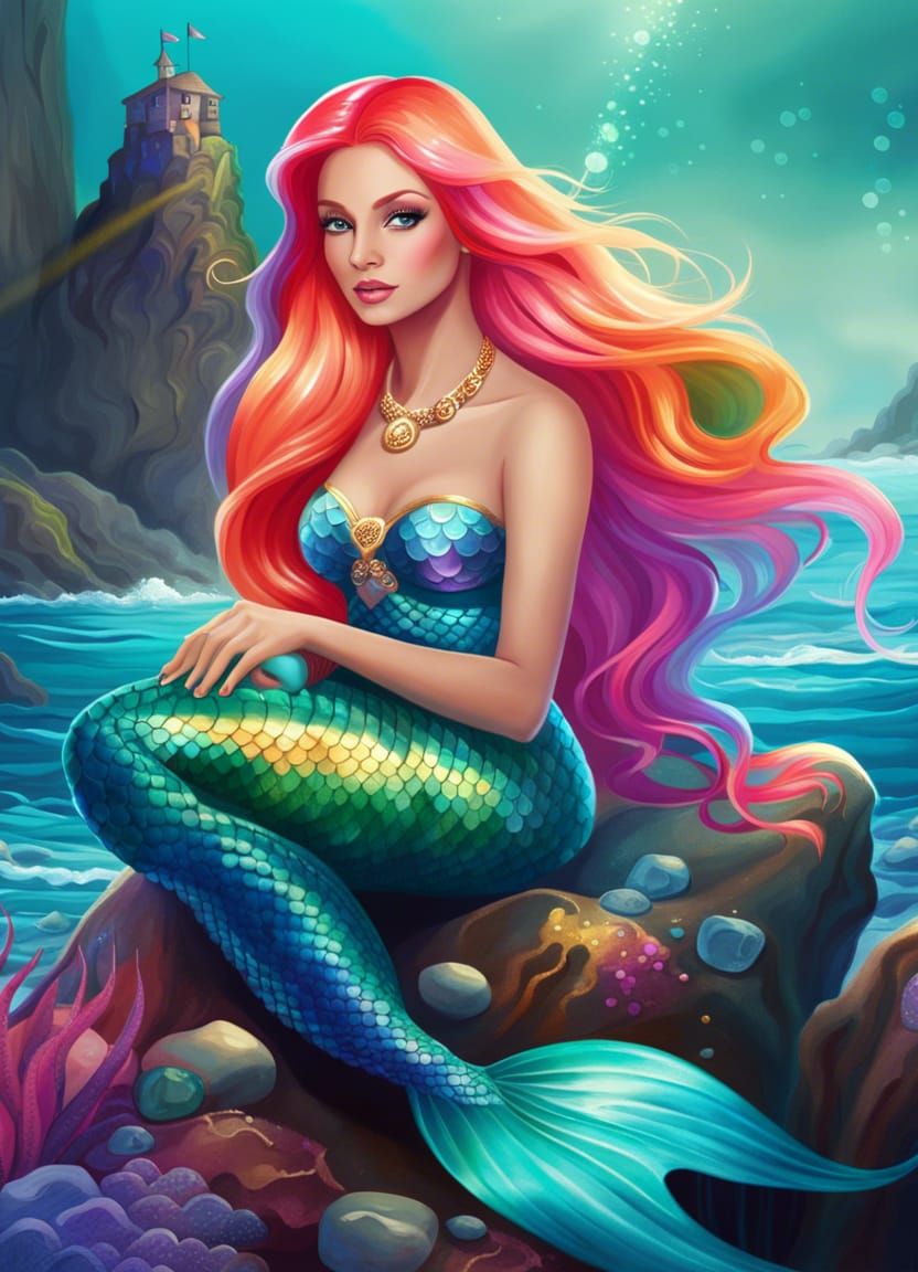 Colorful Mermaid on a Rock: Digital Fantasy Art