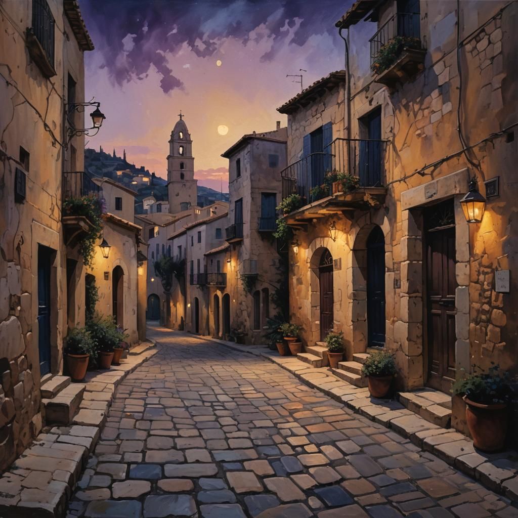 Mediterranean Village at Dusk: An Oil Painting