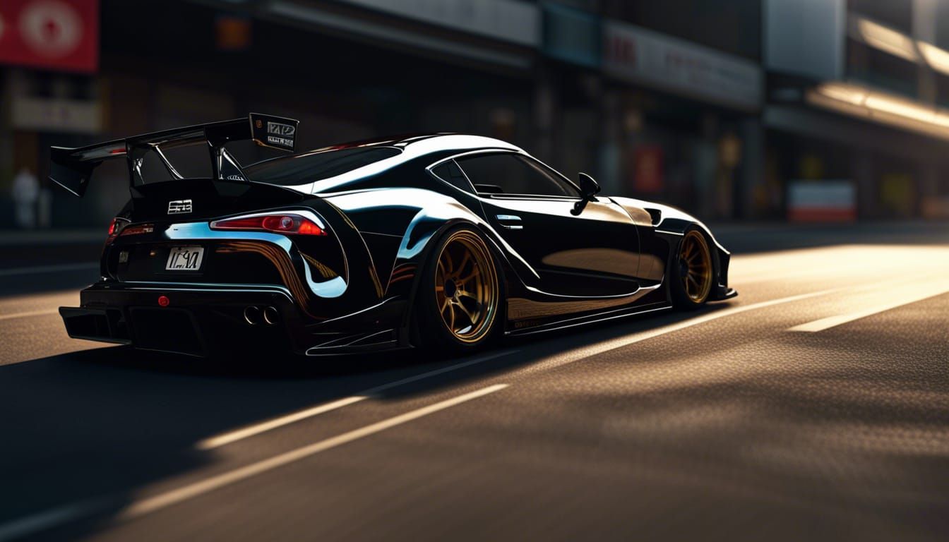 Black Supra Drifting in Sunlit Tokyo: 8K Render