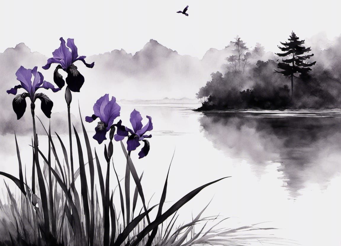 Irises on an Island - Ippitsugaki Japanese calligraphy art Line Painting