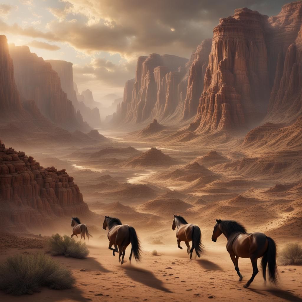 Wild Horses Run Through Desert Canyon