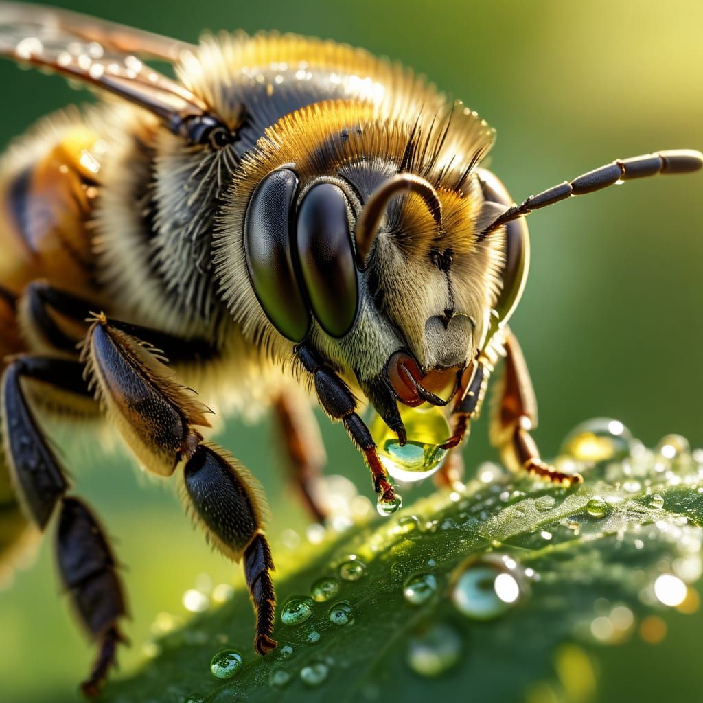 Honey Bee Macro: Dew Drop Reflection in 8K