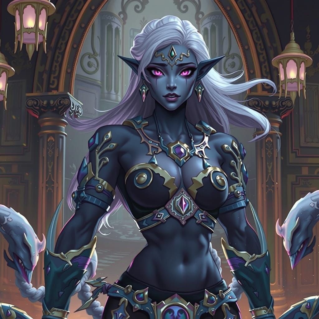 Muscle-bound Drow Sorceress in Dramatic Dark Fantasy Art