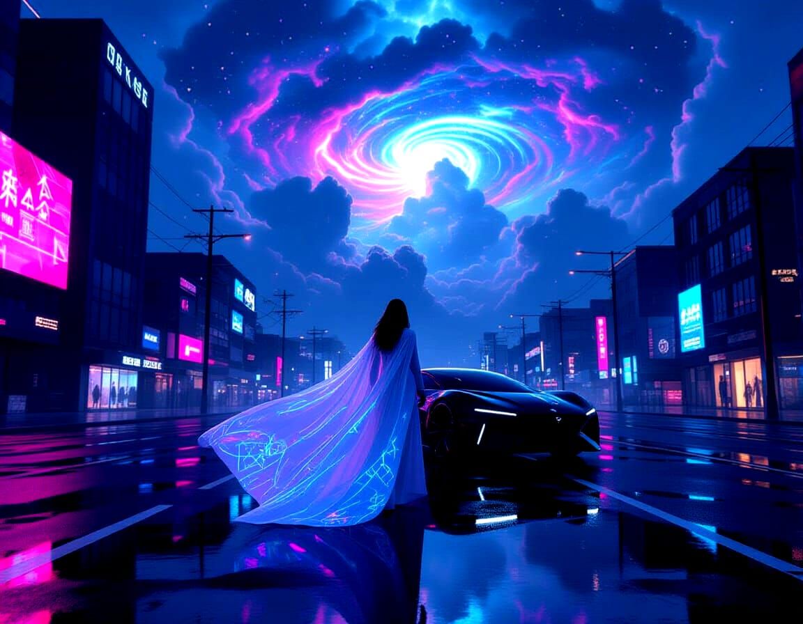 Woman in Cyberpunk City with Holographic Reflections