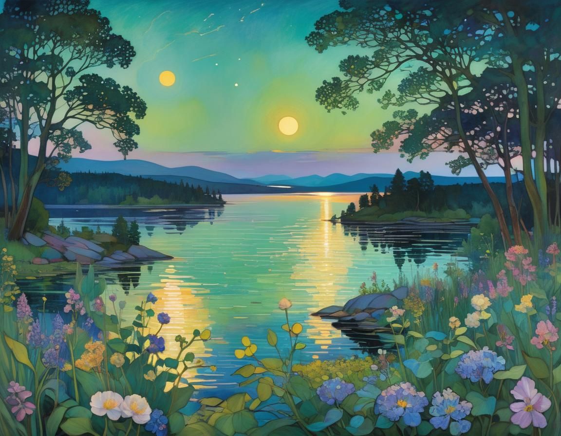 Swedish Lake: A Midsummer Night Art Nouveau Dream