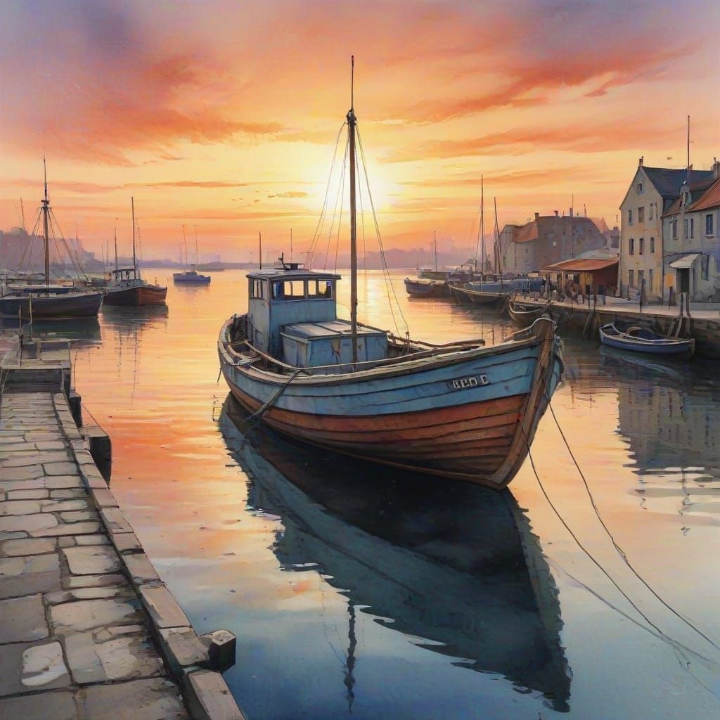 Watercolour Old Boat at Harbour at Sunset