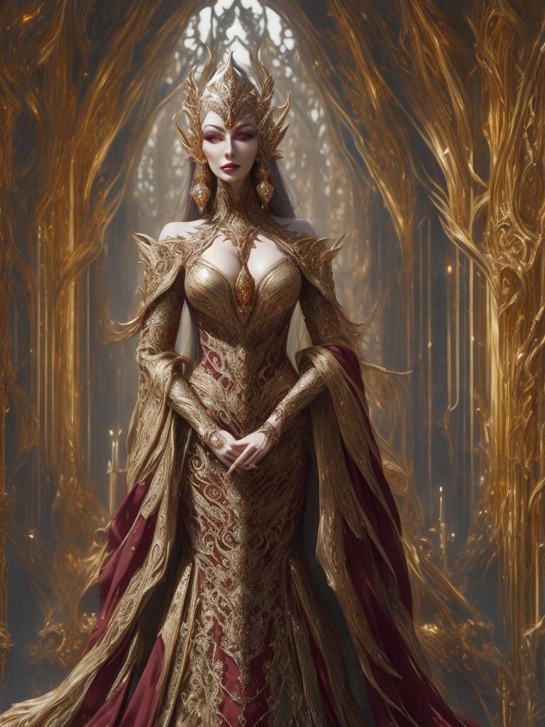A elven woman waiting at a courtyard dressed in a regal dress