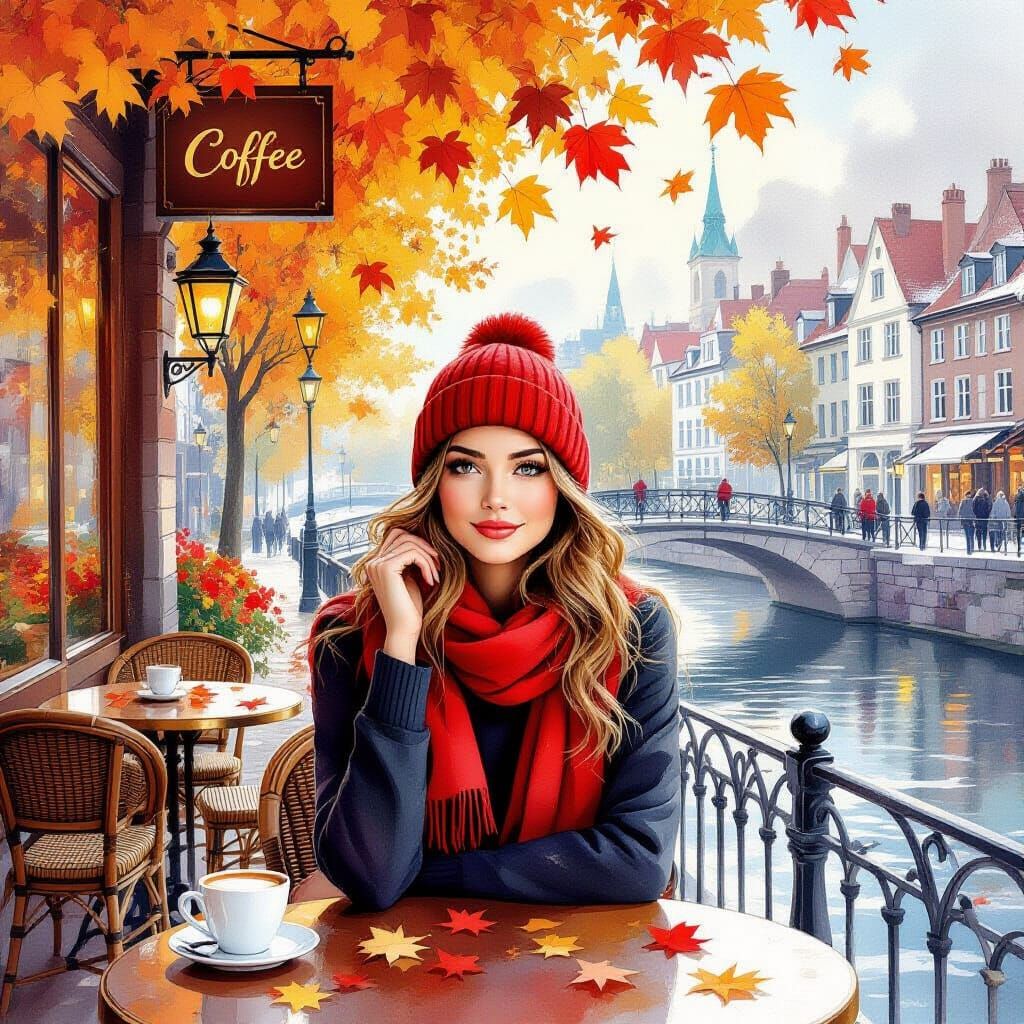 Vibrant Woman in Autumn Cafe, Watercolor Style