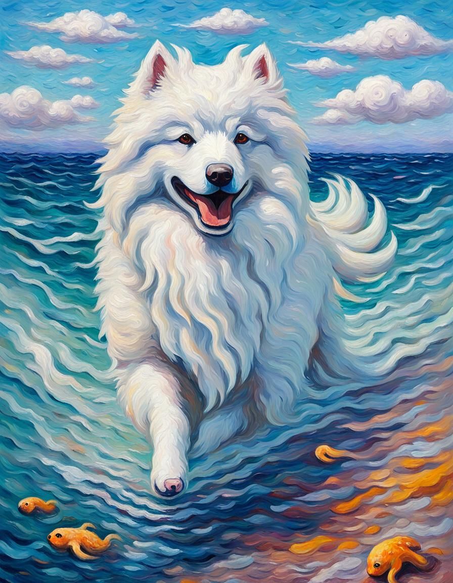 Samoyed and Octopus in Neo-Impressionist Style