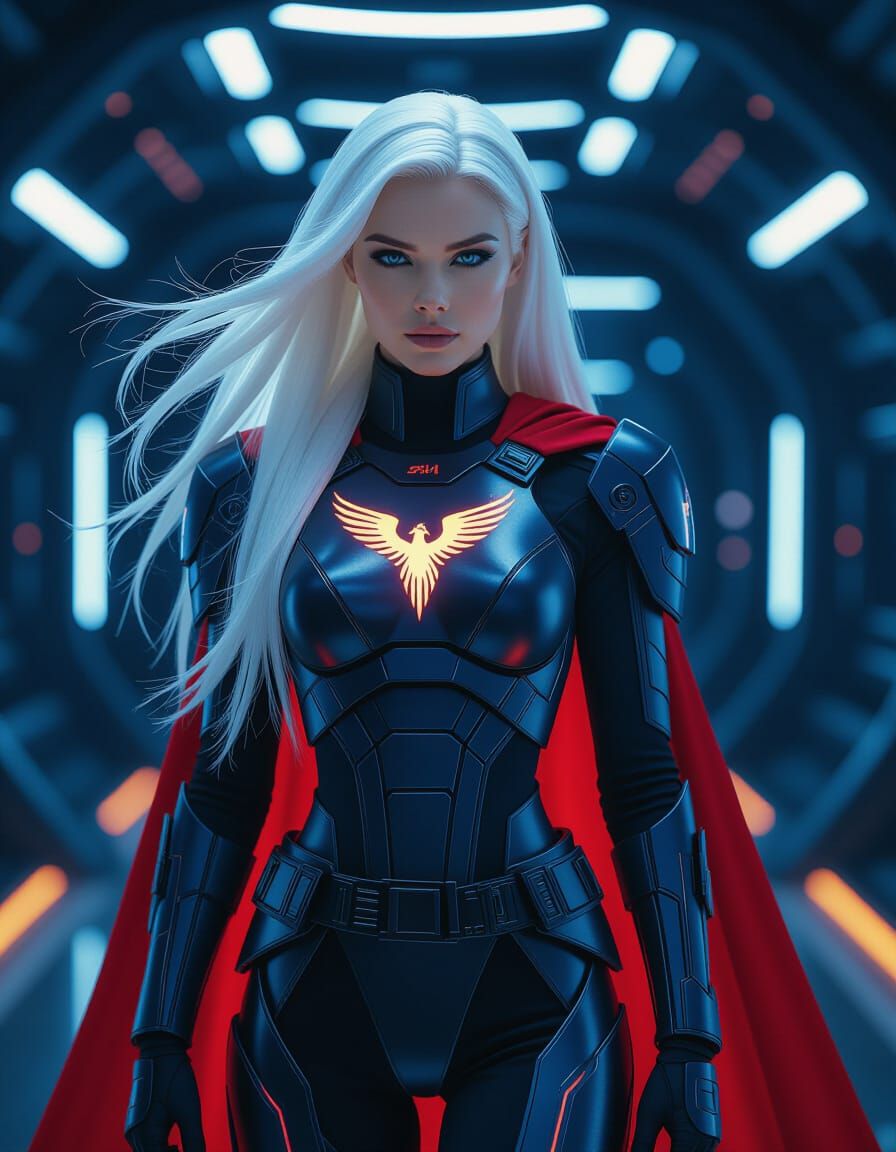 Sci-Fi Woman with Fire Phoenix Symbol in Cyberpunk Style