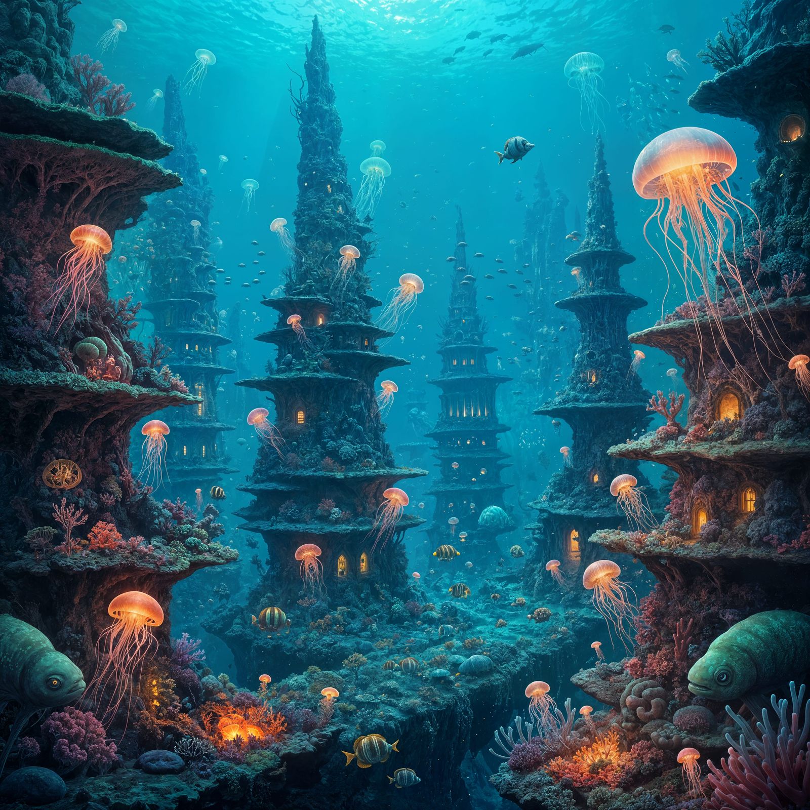Bioluminescent Underwater City With Alien Marine Life