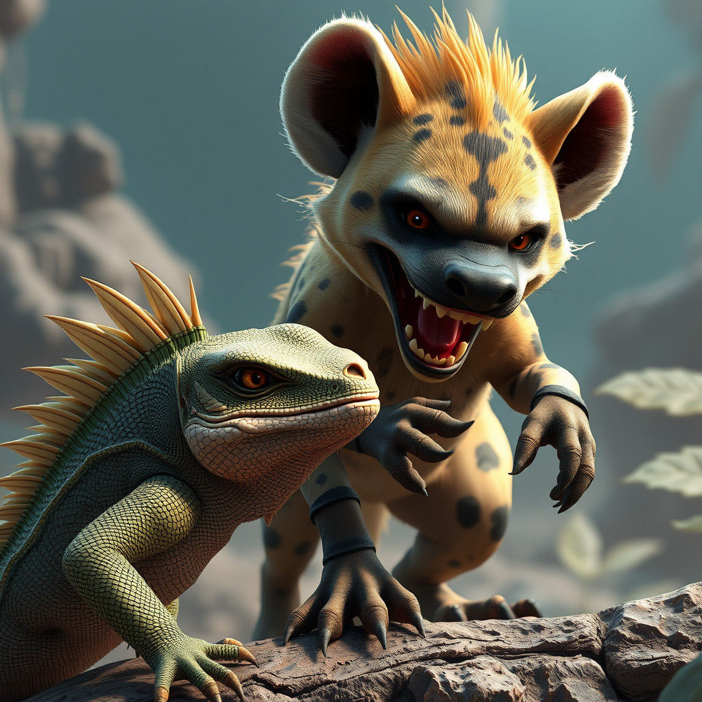 Hyena and Iguana in Vibrant 3D Anime Style
