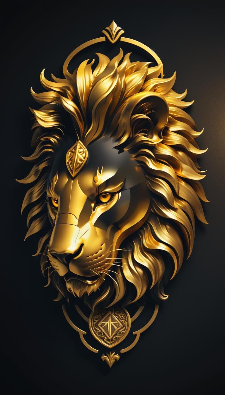 A lion portrait in shiny gold on black background