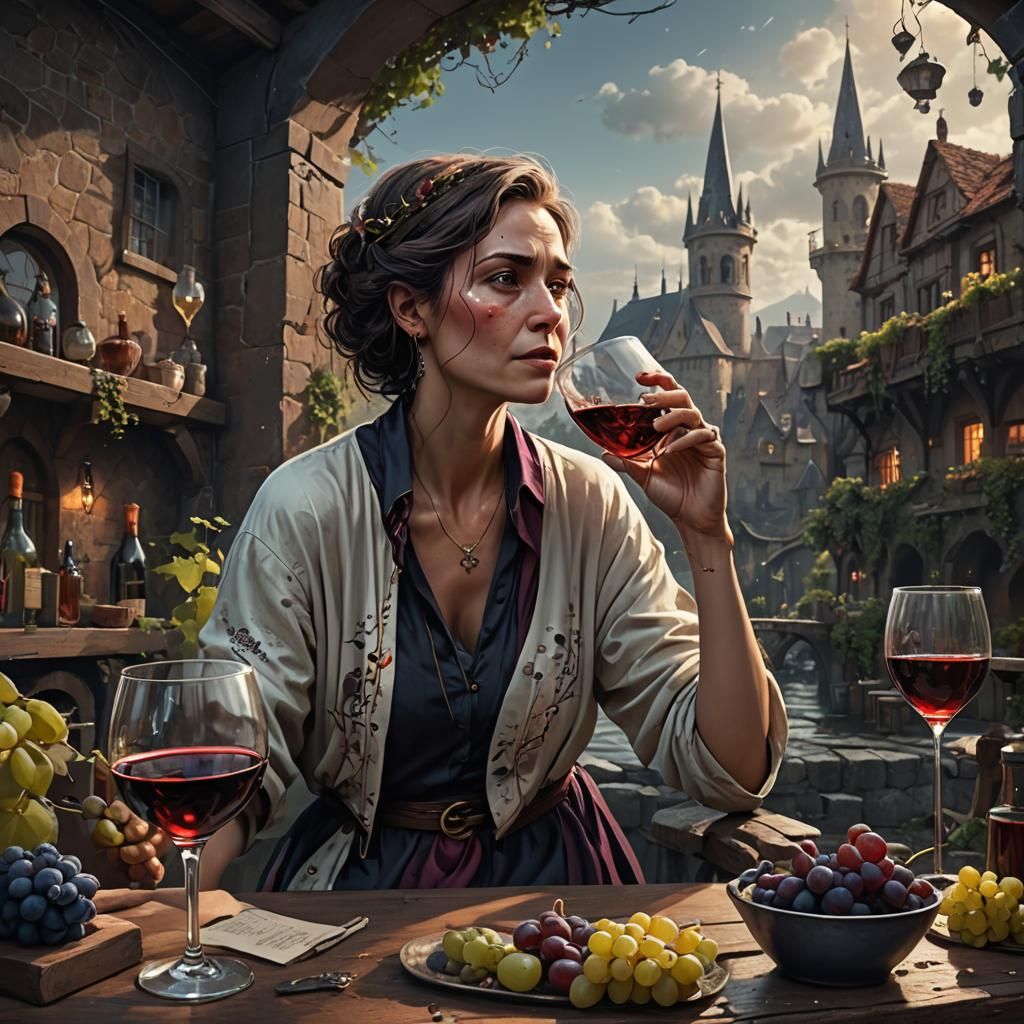 Exhausted Mother Drinking Wine in Modern Matte Painting