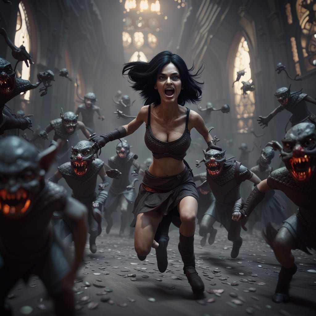 Imps Chase Woman in Cinematic 3D Render