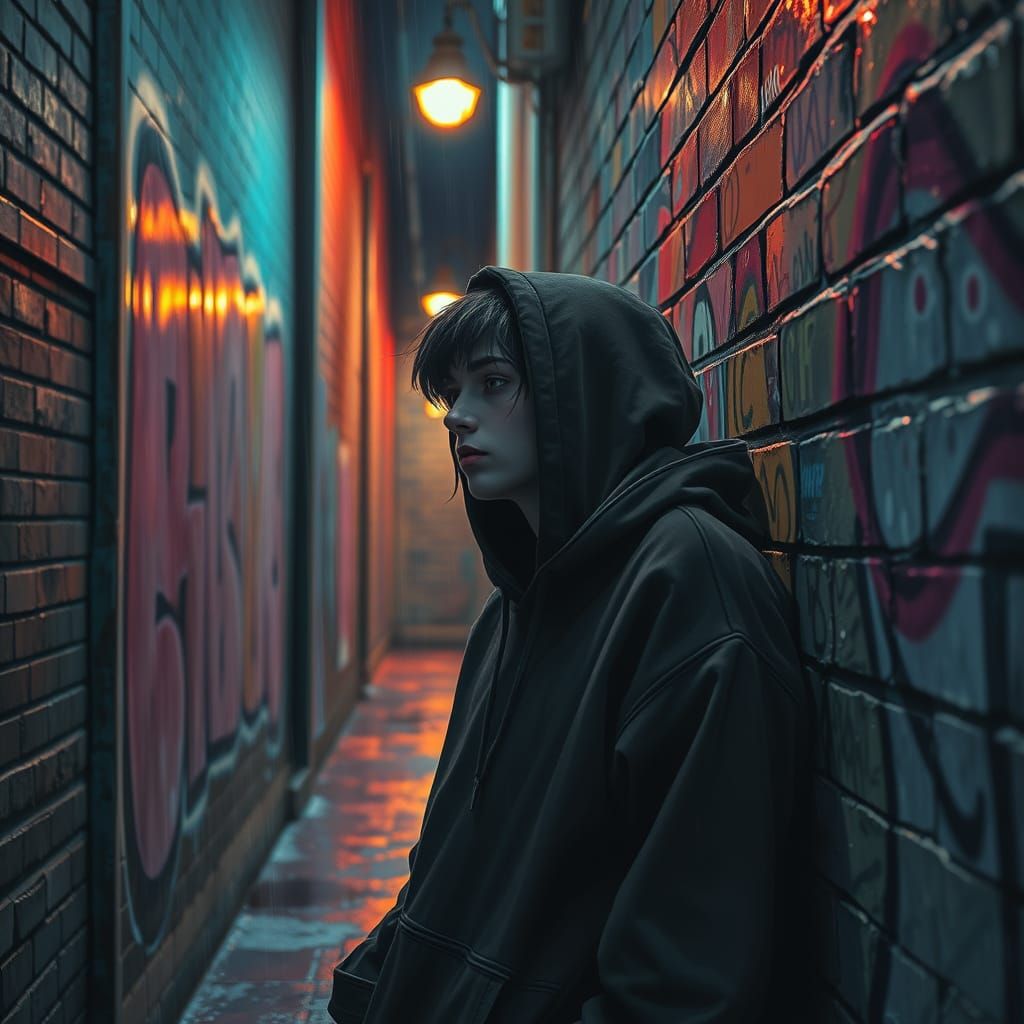 Melancholic Goth in Neon Alley: Matte Painting