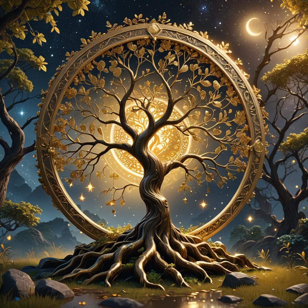 Golden Magic Book with Tree of Life in Fantasy Art