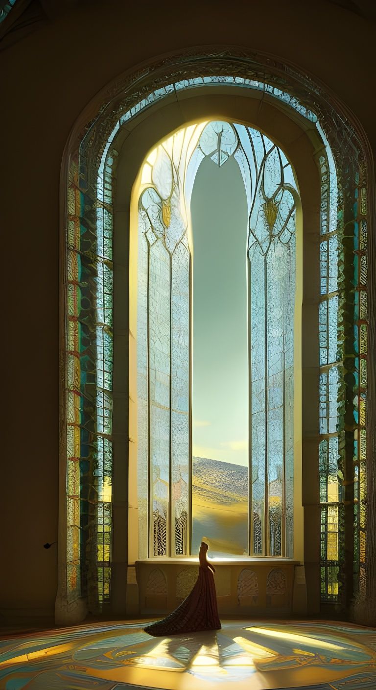 Sunlit Mermaid Mosaic Window, Detailed Digital Art