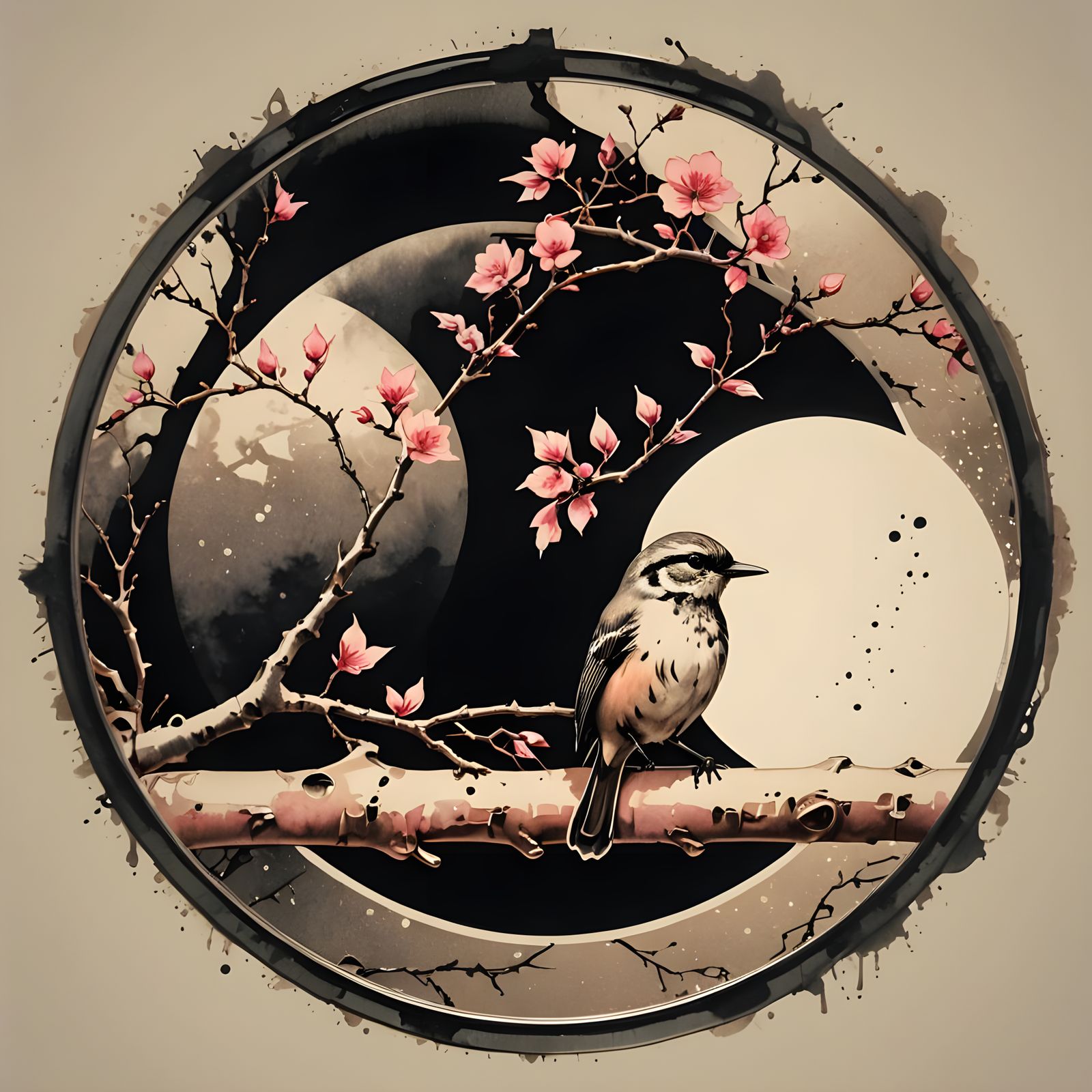 Futuristic Woman with Bird in Sumi-e Style