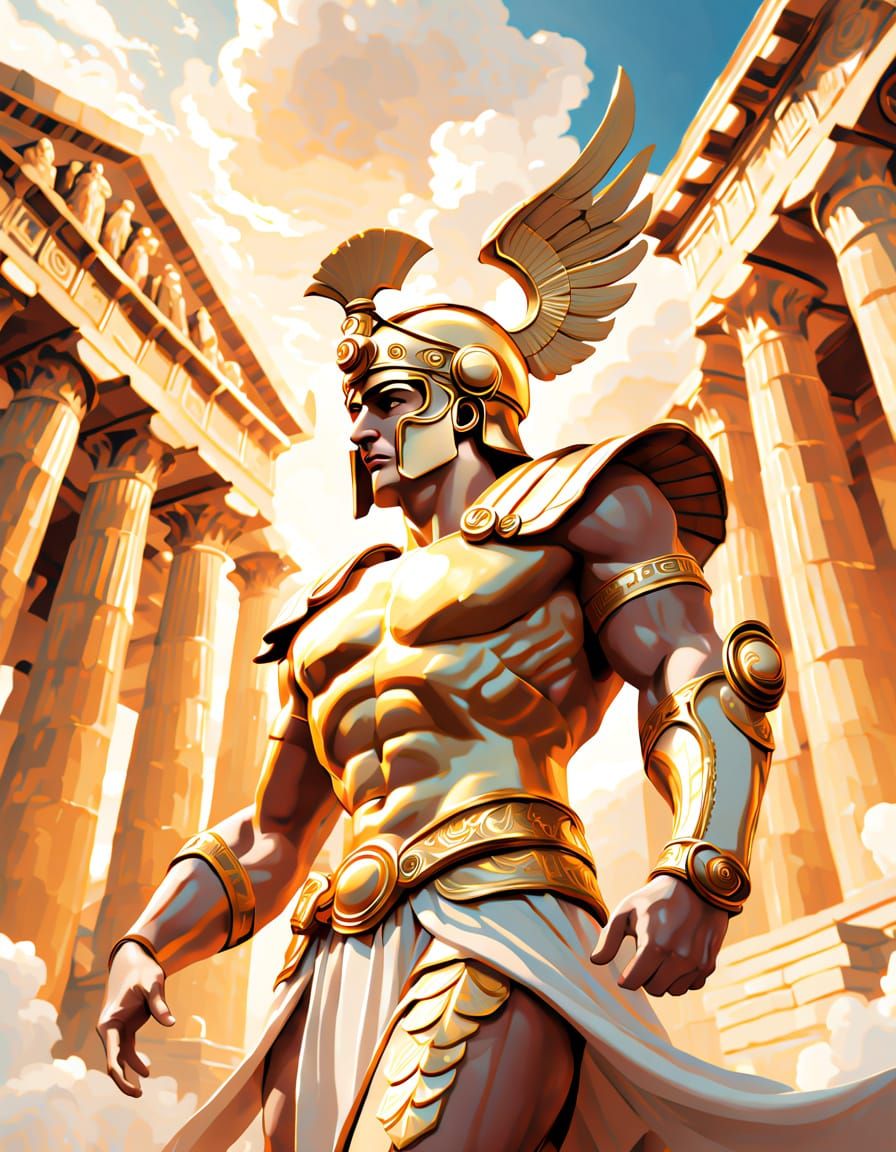 Hermes, Greek God of Chaos, in Golden Helmet and Ancient Tem...
