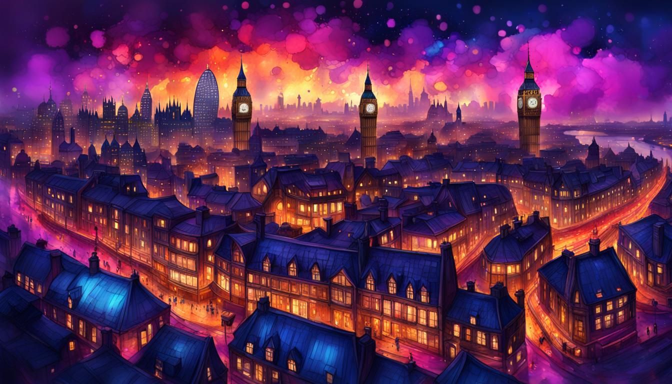 Stylized London Skyline in Alcohol Ink Splatter Art