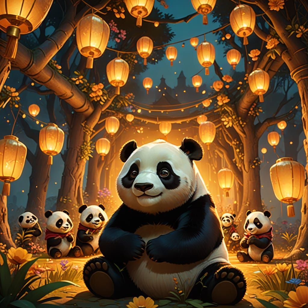 Giant Panda Hugs Children in Fantasy Forest