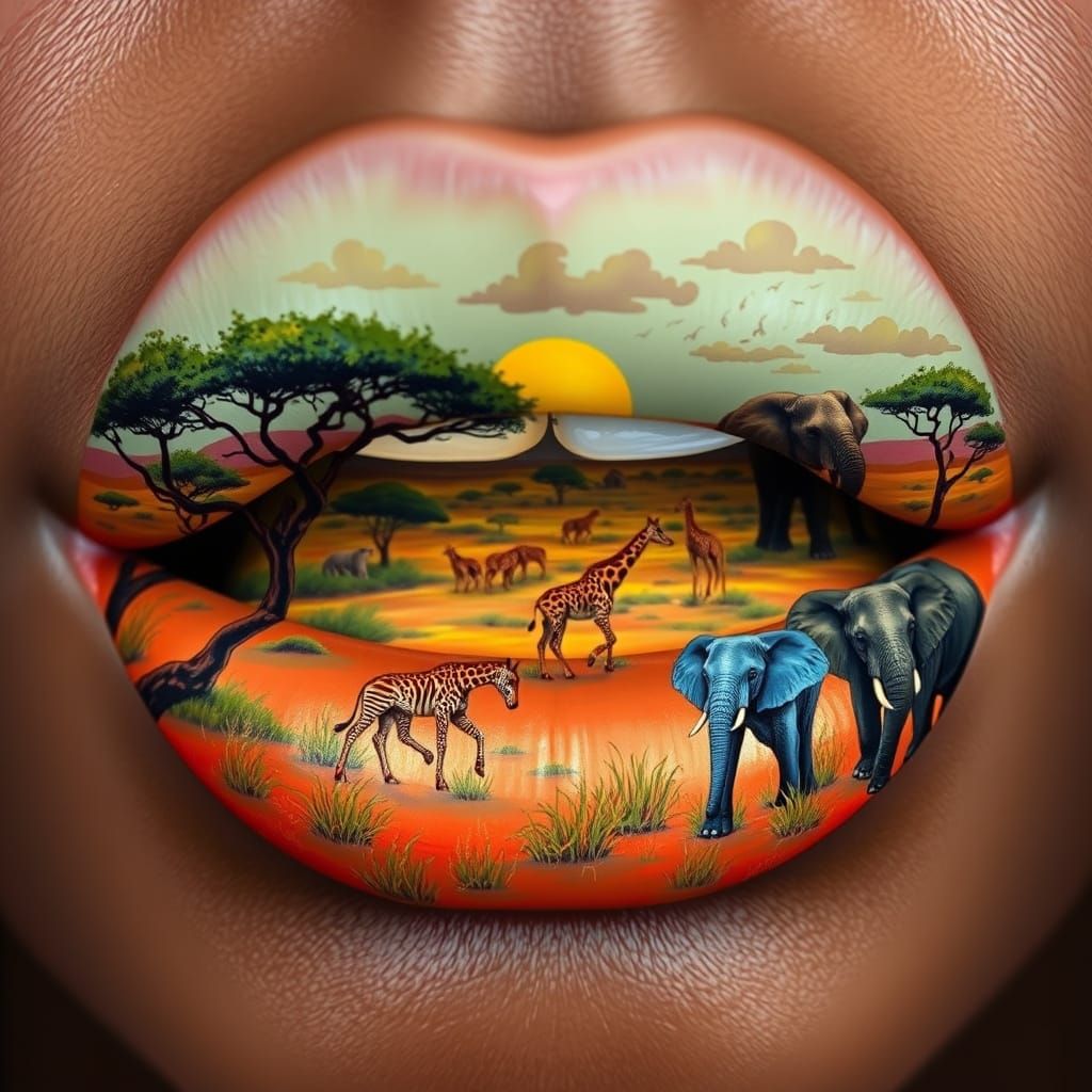 Surrealist African Savannah Scene on Full Lips