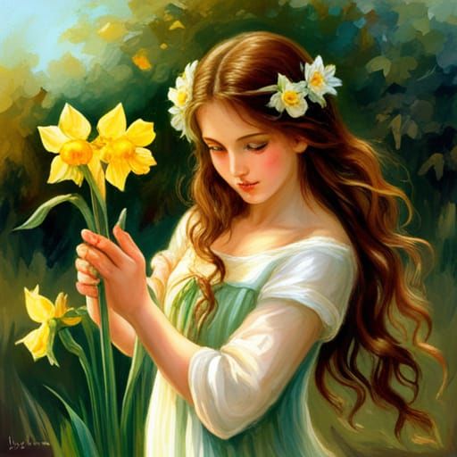 Beautiful Daffodil Fairy with Long Brown Hair