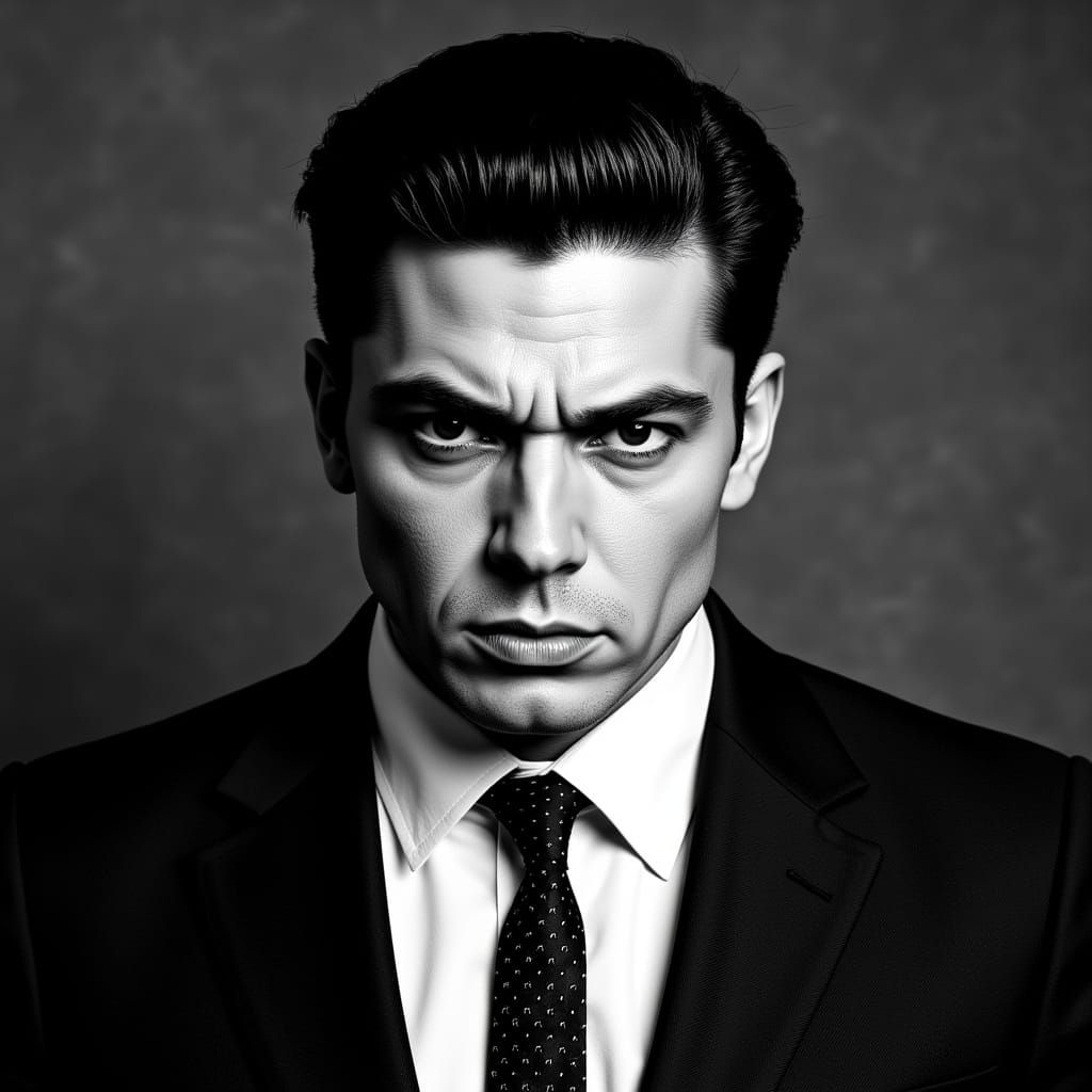 Detailed Black and White Portrait of Stern Man