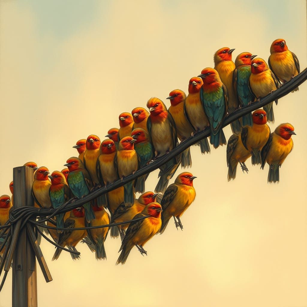 Birds on Powerline: Whimsical Illustration in Golden Hues