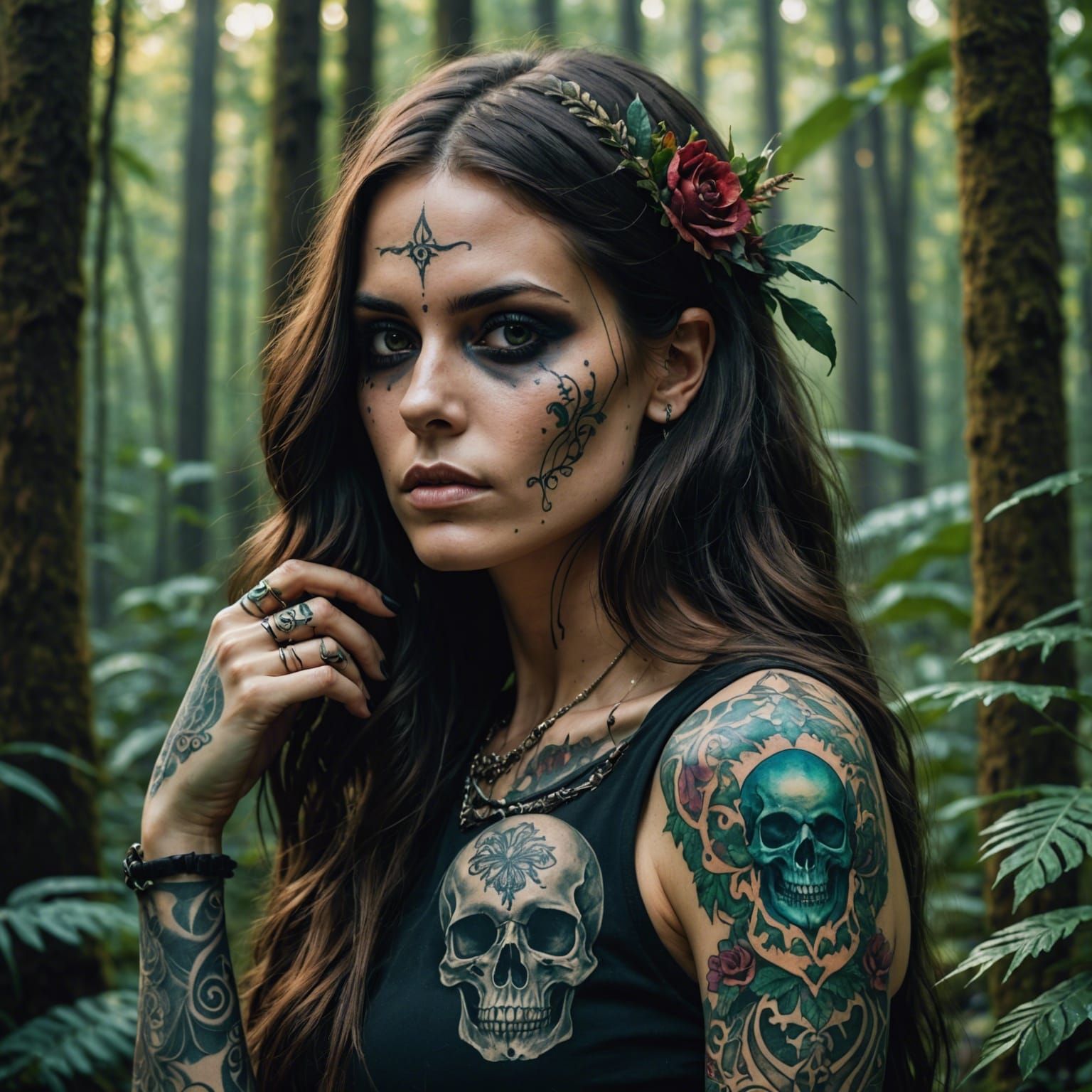 Psychedelic Portrait of Woman with Skull Tattoo