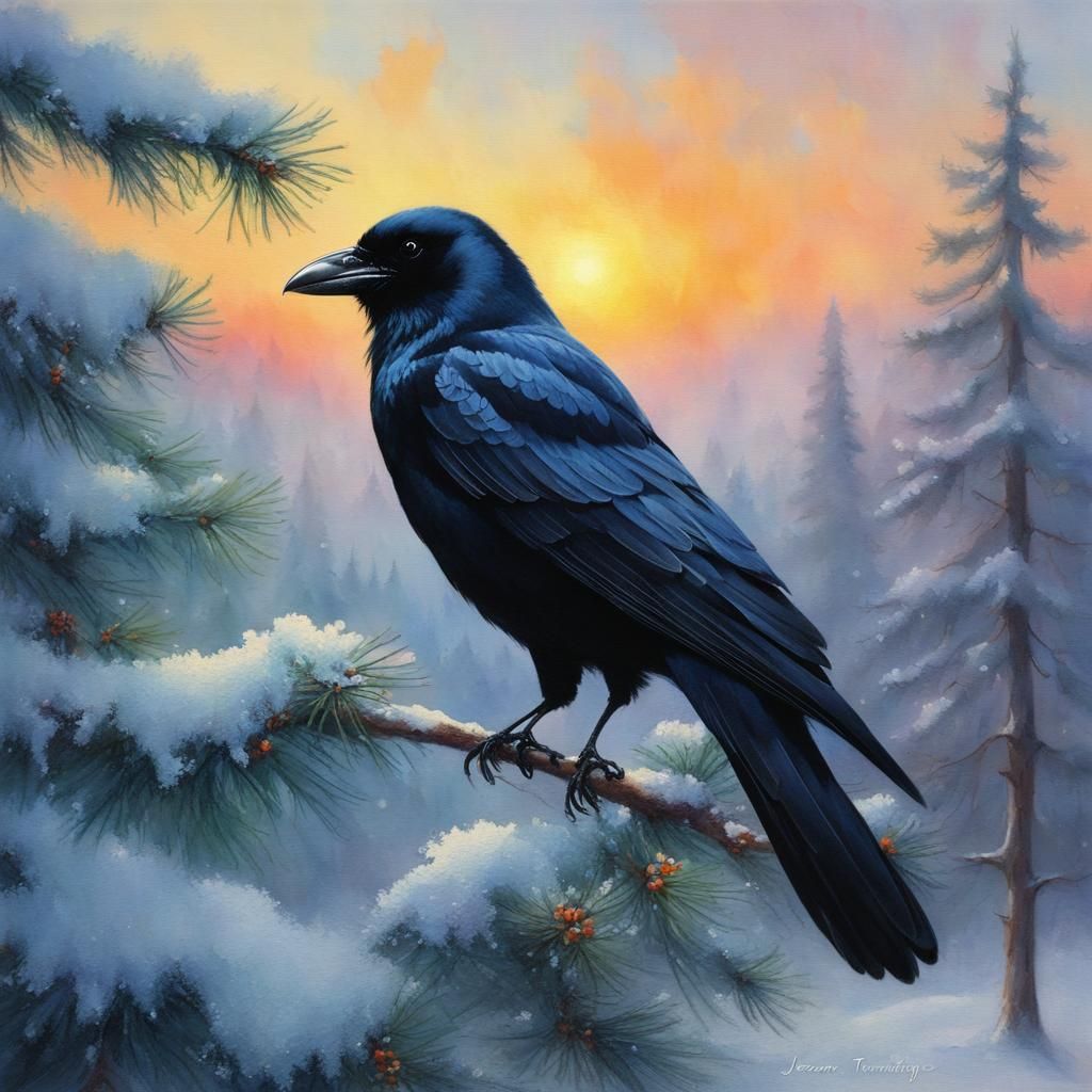 Majestic Black Crow in Winter Wonderland