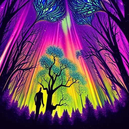 Gothic Mansion Silhouette in Forest Under Aurora Sky