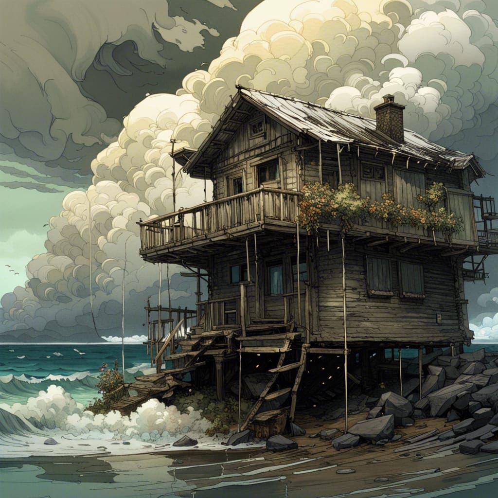 Storm Clouds Over Ocean Cabin: Fantasy Masterwork