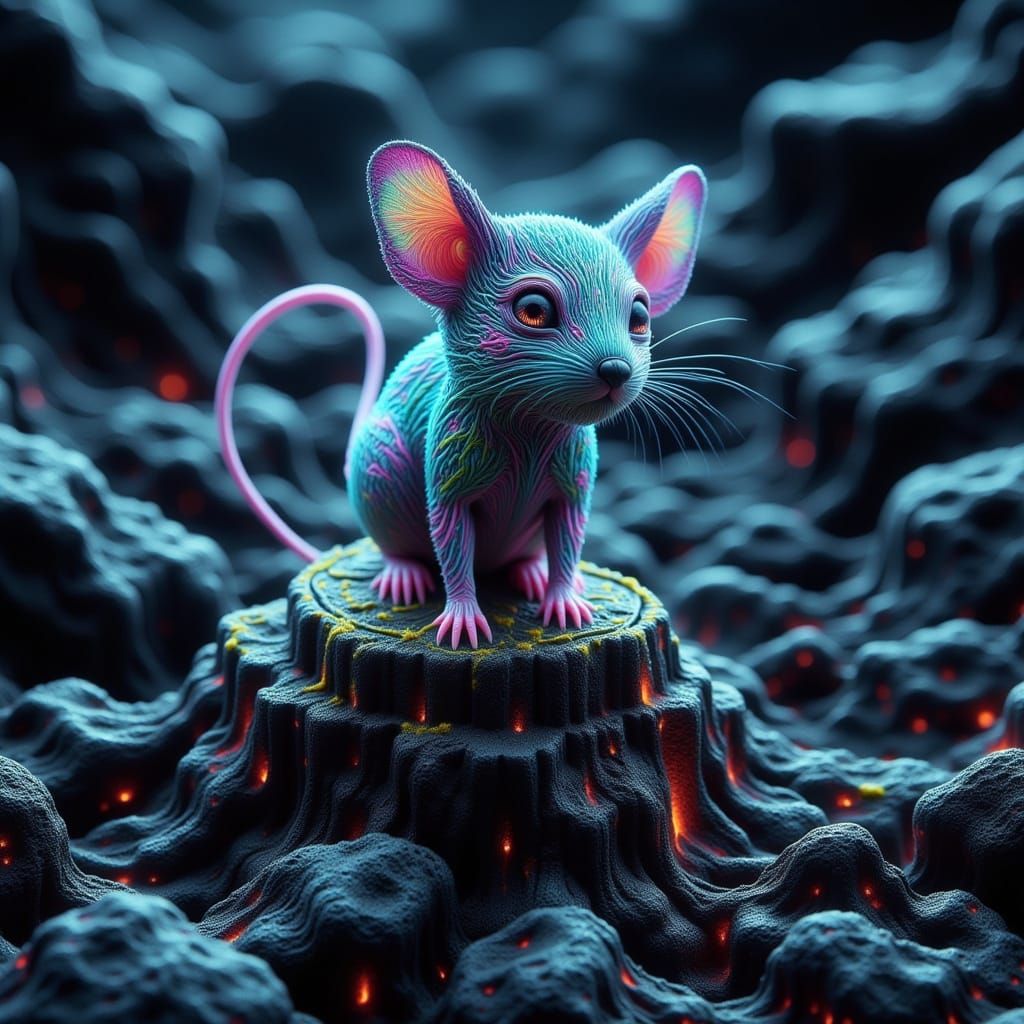 Surreal Biomechanical Chibi Mouse Emerges from Obsidian Isla...