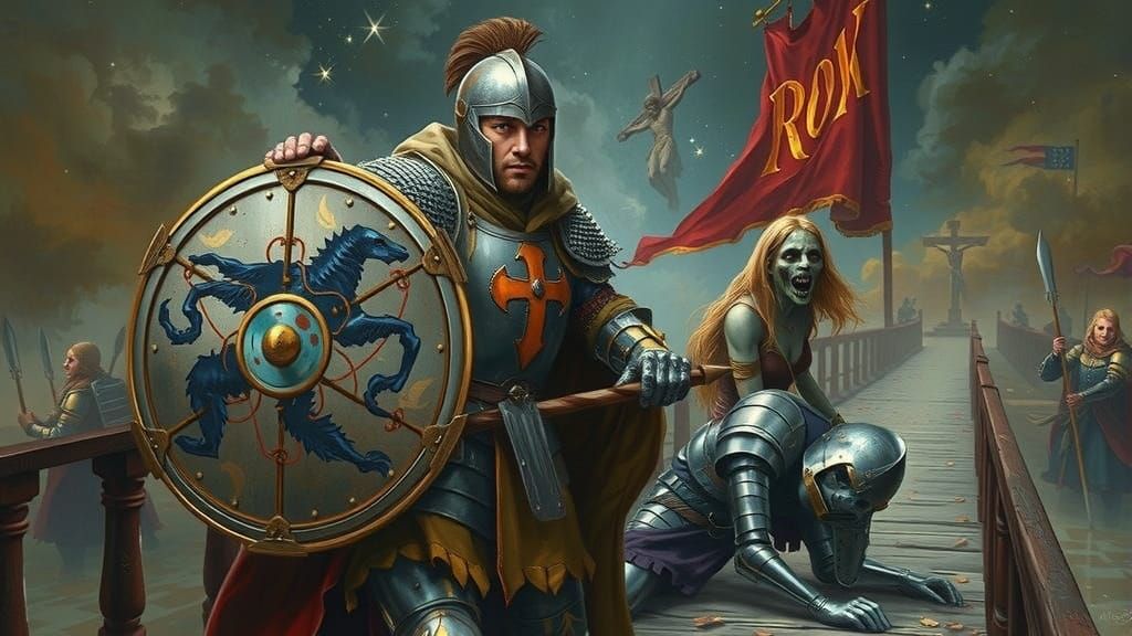 Medieval Knight Stands Resolute on Battle-Scarred Ground