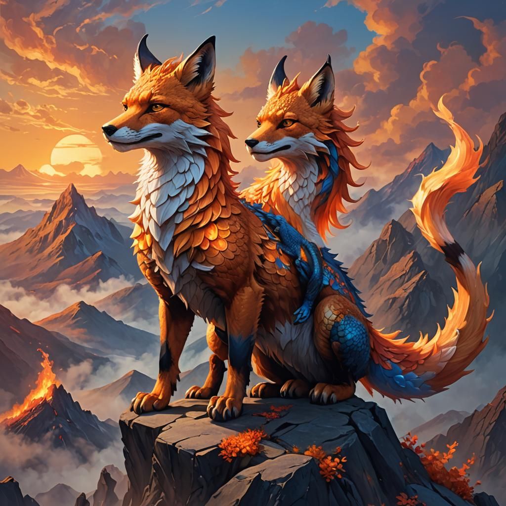 Fox Dragon on Misty Peak: Fantasy Illustration