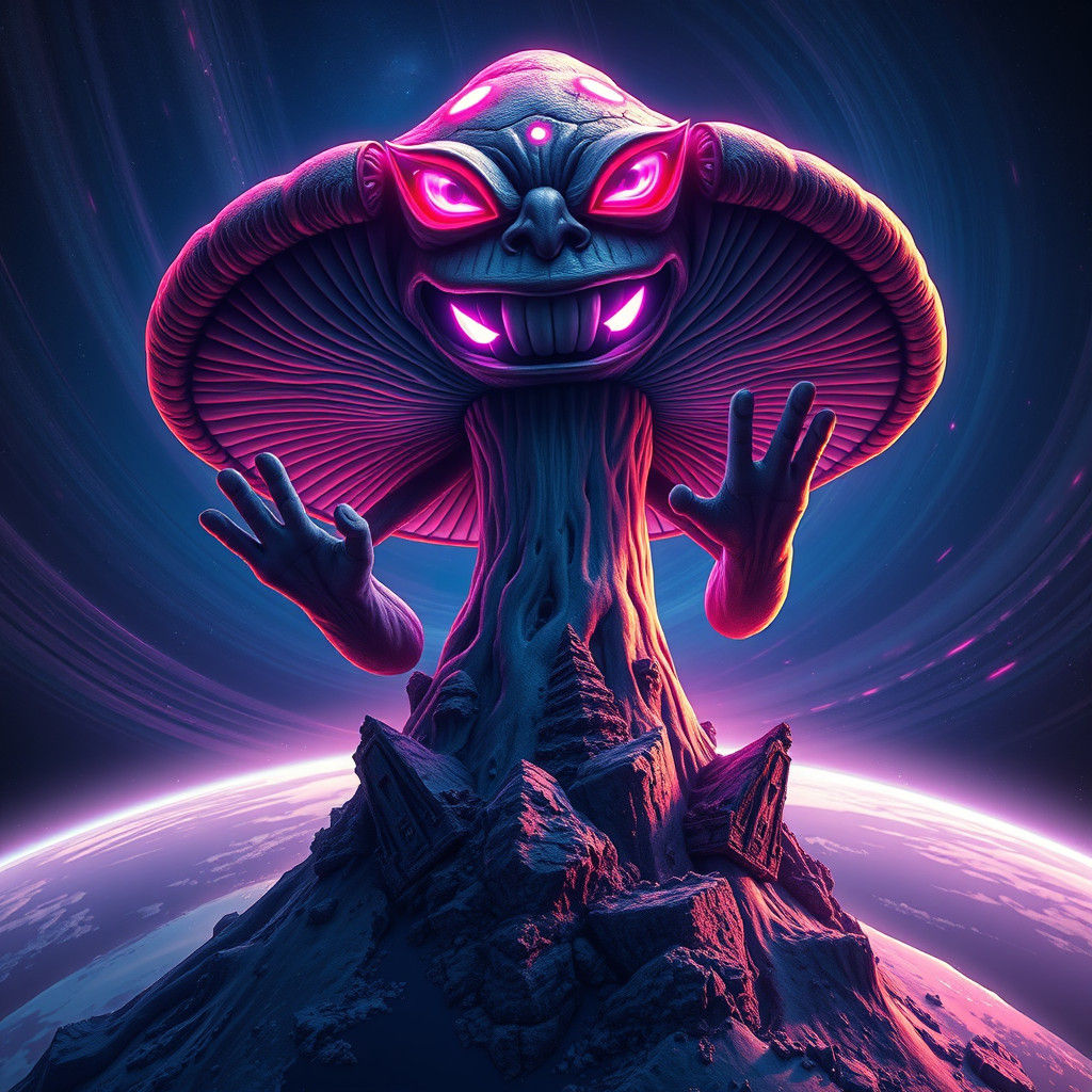 Giant Mushroom Gleefully Towers Over Earth in Digital Art