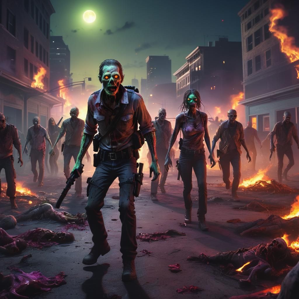 Neon Zombie Horde Approaching Burning City