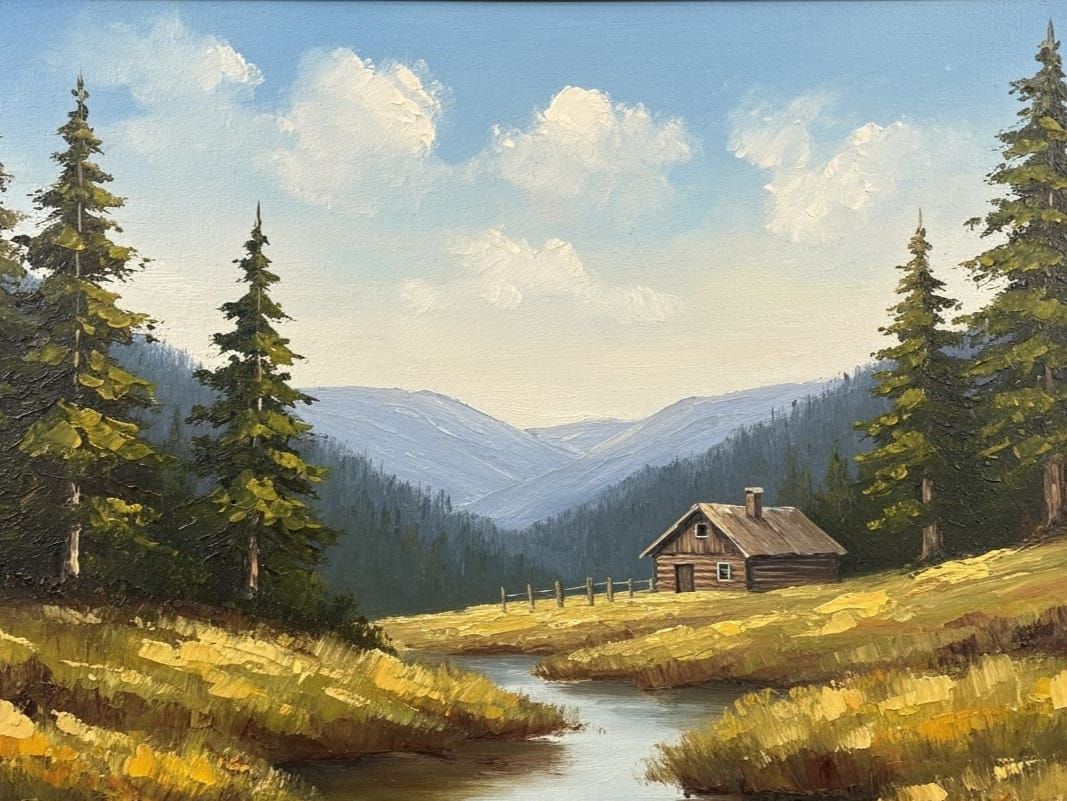 Bob Ross Style Landscape Painting with Distant Cabin