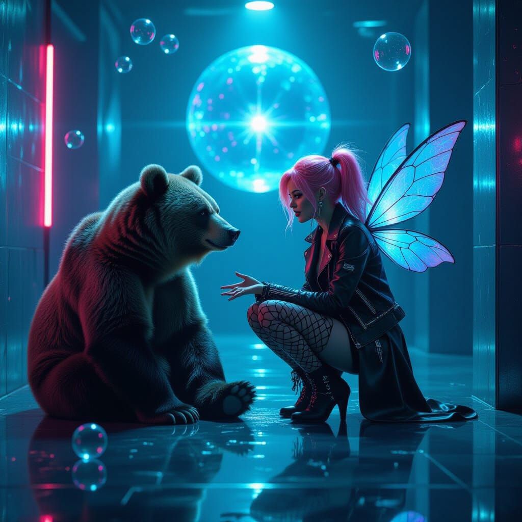Punk fairy talking to bear