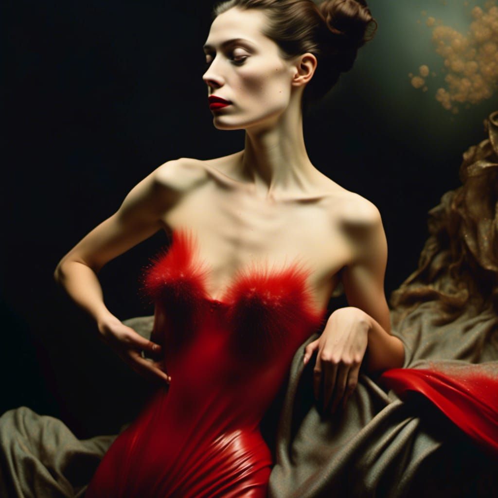 Red Dress Portrait in Magical Realism Style