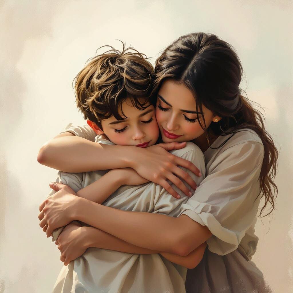 Compassionate Woman Hugs Distraught Boy in Ethereal Light